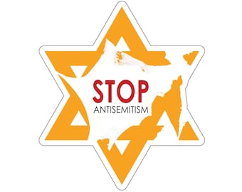 May include: A sticker featuring a Star of David in orange with white accents. The words "STOP ANTISEMITISM" are in red and black text. The sticker has a white border and is on a white background.
