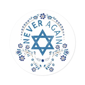 May include: A white circle with a blue Star of David in the center. The words "NEVER AGAIN" are written around the star in a circle. The star and words are surrounded by a floral design in blue and brown.
