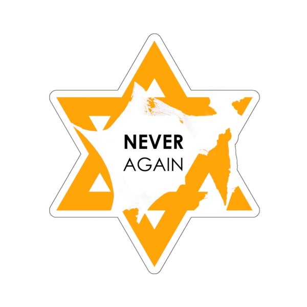 NEVER again! Yellow Star of David cut out shape sticker. Support Israel!