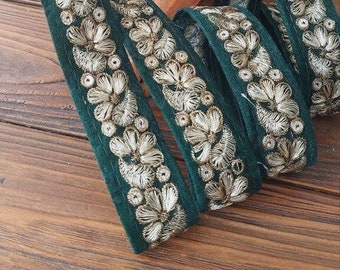 Green velvet braid with gold thread embroidery in the form of flowers, braid for decorating clothes, accessories and interior