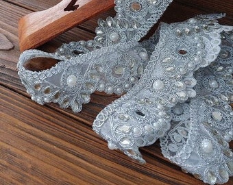 The ethnic Pakistani lace-mesh "Silver Glitter", Eastern  lace with embroidery, glass inserts and artificial pearls, wedding decoration.