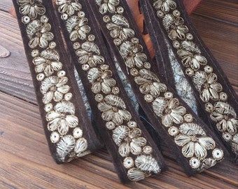 Brown velvet braid with gold thread embroidery in the form of flowers, braid for decorating clothes, accessories and interior