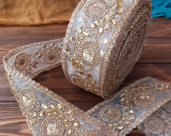 Gold braid with embroidery and rhinestones and sequins, organza ribbon, wedding dress decoration, nikkah wedding decoration.