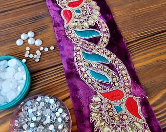 Lilac braid on velvet with colored embroidery and rhinestones, traditional decoration of Afghan clothing, baludji, Indian lace.