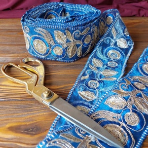 Blue indian lace with golden and blue embroidery and  sequins, organza ribbon