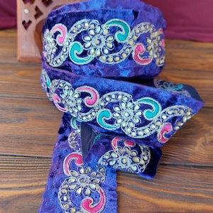 Velvet purple braid with colorful embroidery and rhinestones, traditional decoration of Afghan clothes, baluch, Indian lace.