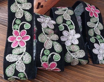 Ethnic black velvet braid with floral ornament, braid for decorating clothes, accessories and interior