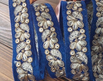 Blue velvet braid with gold thread embroidery in the form of flowers, braid for decorating clothes, accessories and interior
