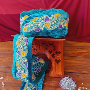 Turquoise ribbon with colored embroidery and rhinestones, velvet braid, traditional decoration of Afghan clothing, baludji, Indian lace.