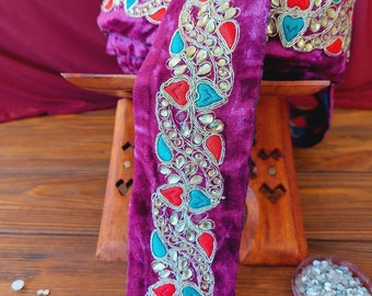 Velvet braid with colored embroidery and rhinestones, traditional Afghan dress decoration, baludji, Indian lace.