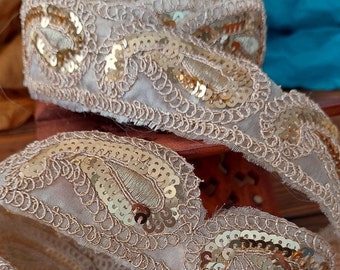 Lace trim with gold color embroidery and sequins, organza ribbon, bridal wear embellishment, nikkah wedding decoration.
