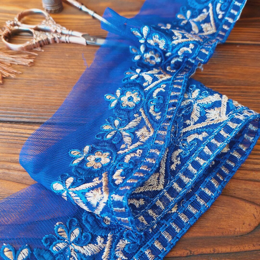 Bright Blue Lace Embroidered With Blue and Gold Threads, Beautiful and ...