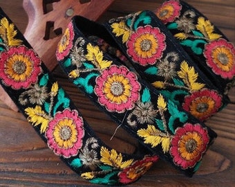 Ethnic velvet ribbon with embroidered flowers, ethnic ribbon for decoration