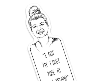 May include: Black and white line drawing of a woman with a bun in her hair. The quote "I got my first pube at Holy Island" is written below the image. The text "Rosie Ramsey - Caravan Enthusiast" is written below the quote.