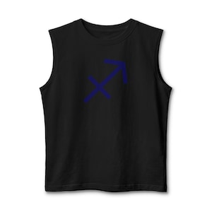 May include: Black sleeveless shirt with a blue Sagittarius symbol. The graphic is a stylized arrow and cross design. The shirt is made of a soft, opaque fabric.