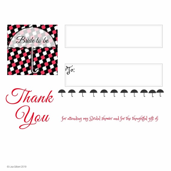 Red And Black Bridal Shower Thank You Post Card With Umbrella Etsy
