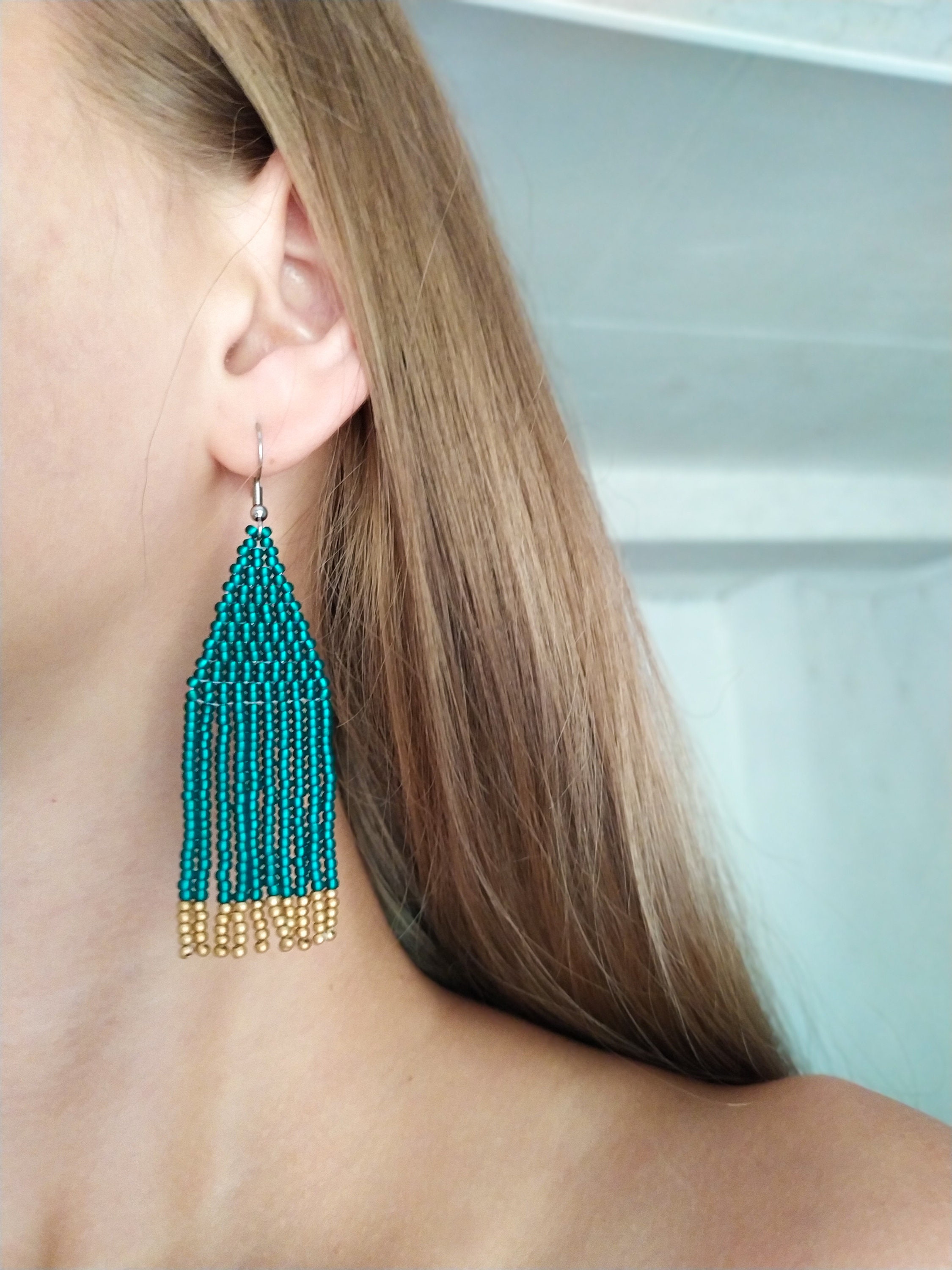 Turquoise fringle earrings Beaded woven earrings Gift for | Etsy