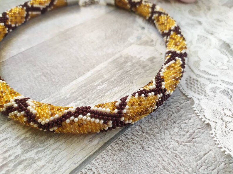 Ethnic necklace Brown Snake necklace Ouroboro beaded crochet necklace