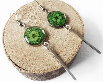 Vegetable earrings for women green flowers Vertigo Natural jewel in silver, transparent resin and dried flowers