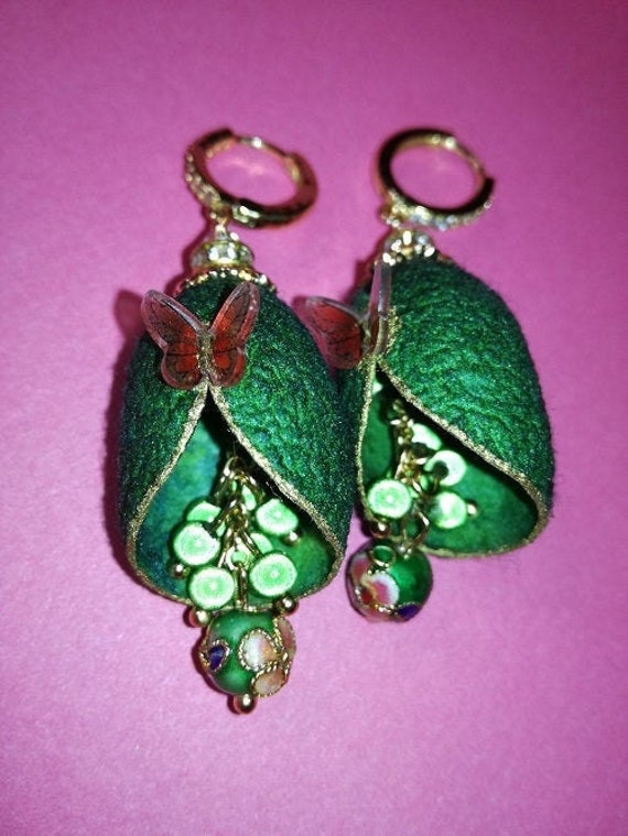 Silkworm cocoon earrings with magic beads and a small butterfly