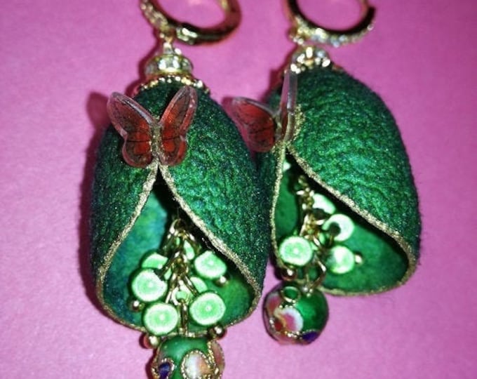 Silkworm cocoon earrings with magic beads and a small butterfly