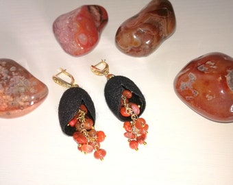 Silkworm cocoon earrings with natural Red Agate beads