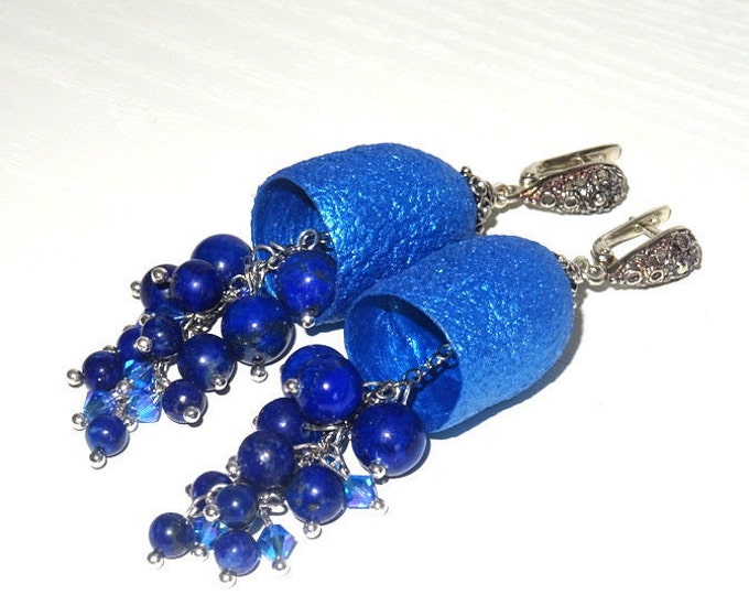 Silkworm cocoon earrings with natural Lapis Lazuli stones and Swarovski glass beads