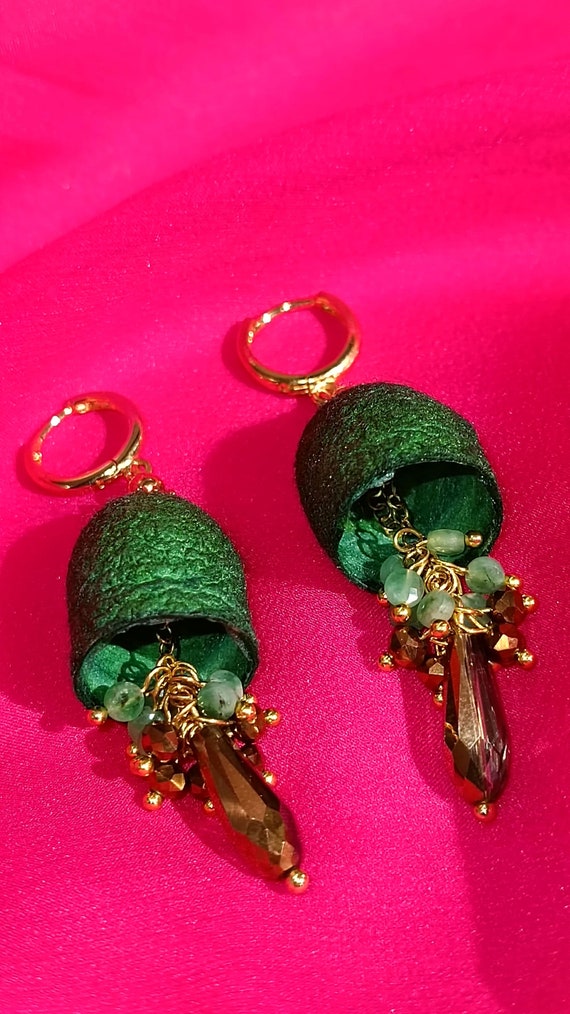 Earrings cocoons silkworms with natural stones Emerald