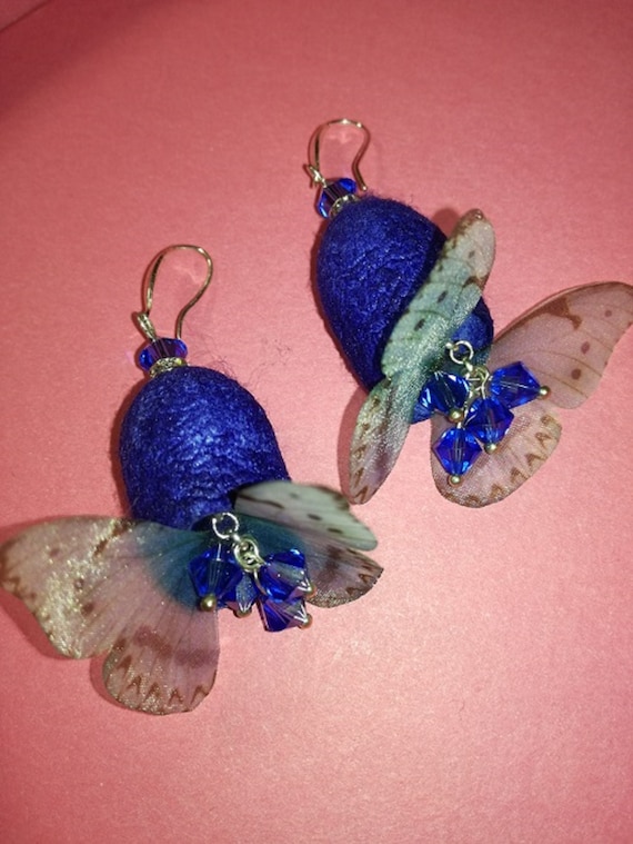 Silkworm cocoon earrings with Swarovski glass beads