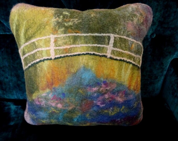 Decorative cushion in felted wool. Claude Monet/Reproduction of the painting "Japanese Garden"