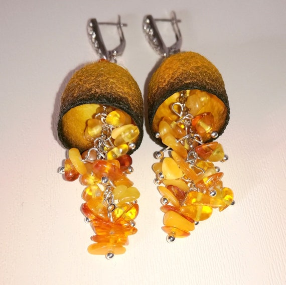 Silkworm cocoon earrings with natural Amber stones