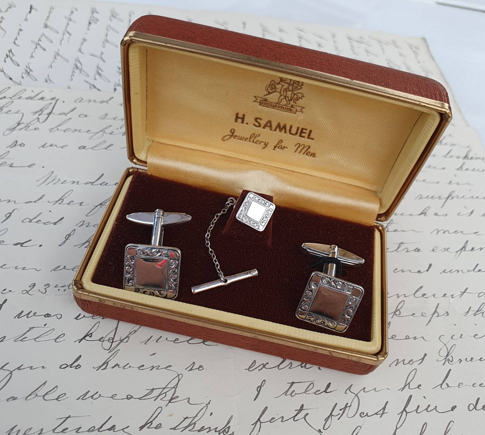 Silver Square Decorative Cufflinks & Tie Pin Set. in Orignal Etsy Israel