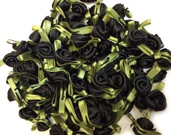 50 x Satin Ribbon Roses: Black / Ivory / Lilac