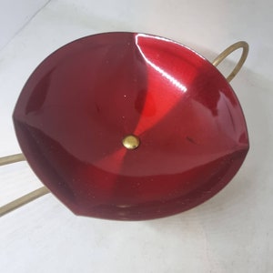 Vintage Mid-Century Modern Serving  Bowl - Iridescent Red Anodised Bowl in a Brass Stand  - Retro Metal Fruit Bowl