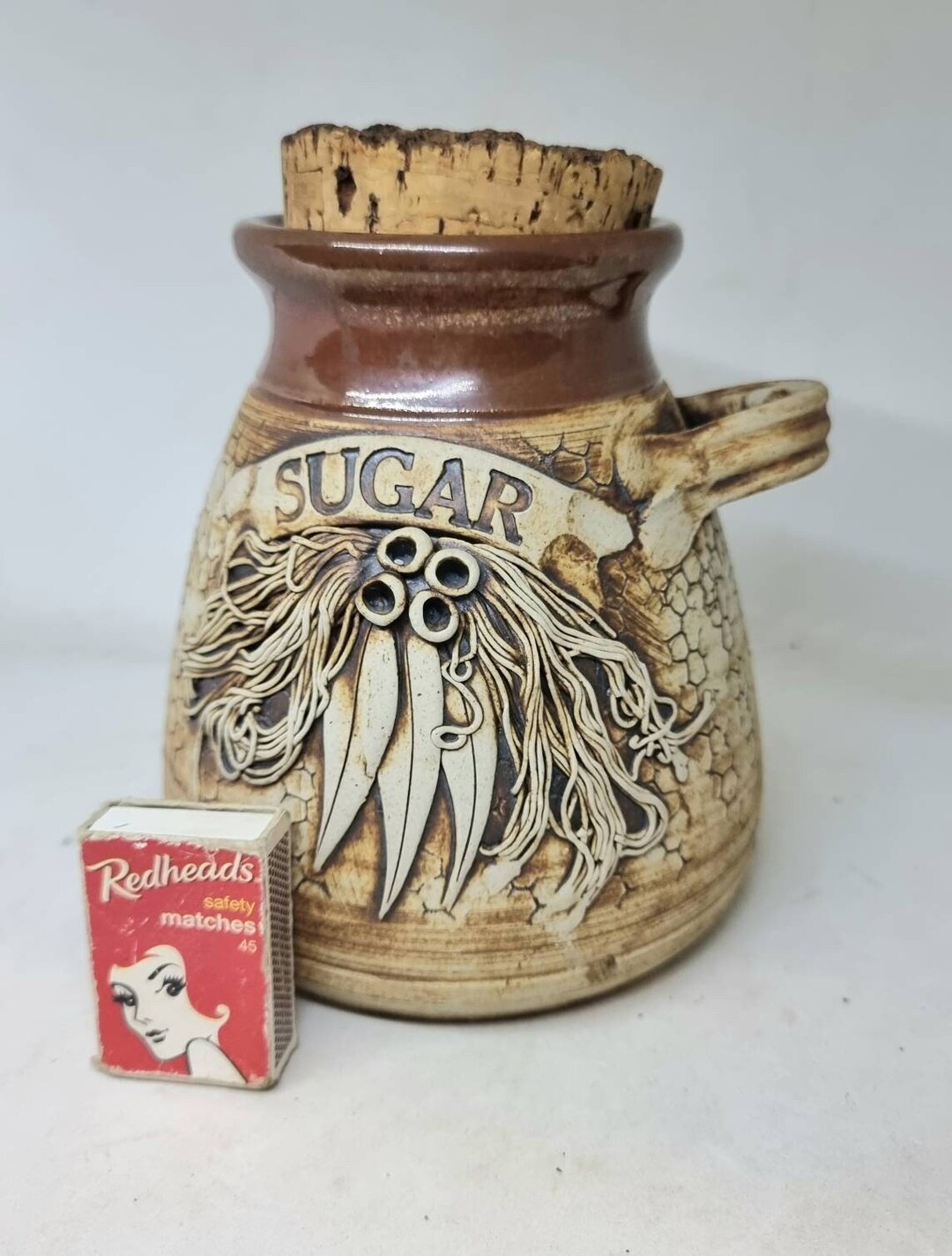Large Vintage Australian Pottery Sugar Jar With Cork Lid and Handle