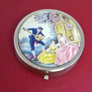 Vintage Tiny Victorian Style Pill Box with a Romantic Scene on the Lid