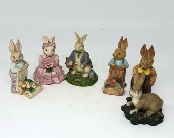 Six Small Vintage Rabbit Figurines -  Little  Hand Painted Bunny Ornaments -  Collectable Miniature Rabbits - Shadow Box