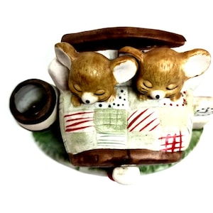 Vintage Mice Figurine - Two Mice in Bed  - Christmas Stocking at the End of The Bed - 1980&#39;s