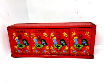 Vintage Wooden Spice Container - Red Folk Art Painted Drawers with Roosters and Flowers