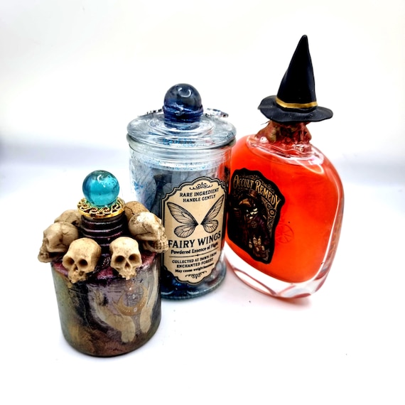 A real person hand-crafted these miniature gothic apothecary bottles — the kind of moody, witchy shelf decor you can't find at Target.
