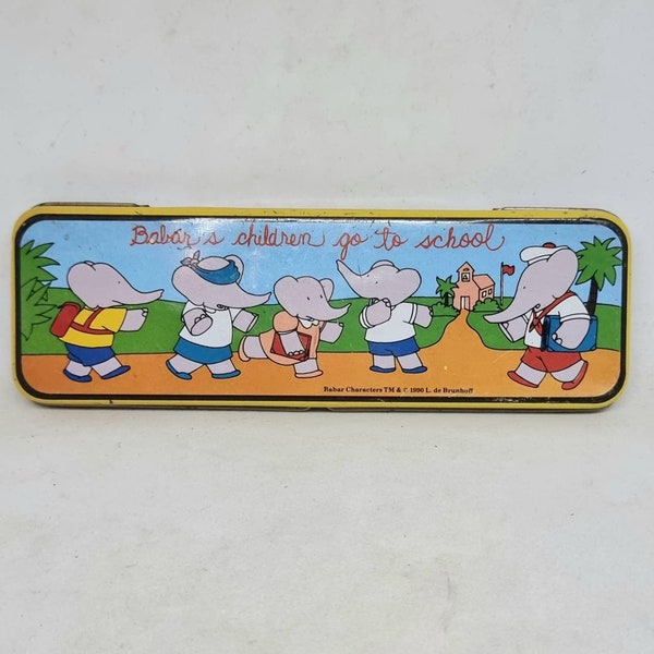 Vintage Advertising Collectors Tin -  Pencil Tin - Vintage Babar Pencil Tin, 1990 - Laurent De Brunhoff Pencil Case