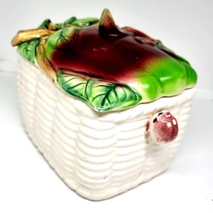 Vintage Apple Lidded Ceramic Box  -  Rectangular Ceramic Basket Weave Box with Colourful Apple Lid - Collectable  - Japan