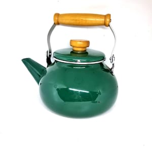 May include: A green enamel teapot with a wooden handle and lid knob. The teapot has a silver metal handle and spout. The teapot is on a white background.