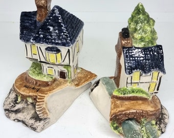 Pair of Vintage Ceramic Miniature  Cottages - Large Salt and Pepper Shakers? - Hahndorf - Hand Painted - Interlocking