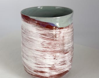 Large ceramic mug without handle – hand-thrown drinking mug in sage and terracotta – modern mug – unique ceramic piece