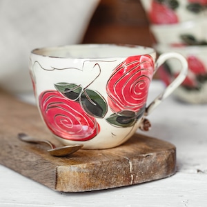 Pottery cup//Rose love//Handmade ceramic cup//Rose decor//Tableware//Coffee cup//Tea cup//me-time