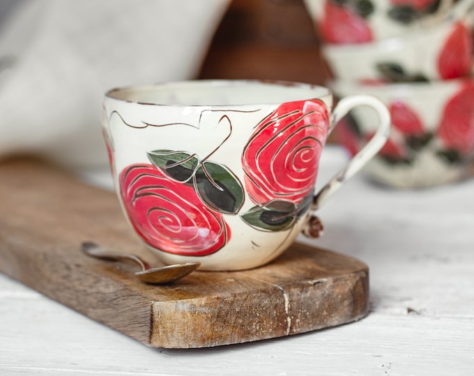Featured listing image: Pottery mug//Rose love//Handmade ceramic mug//Rose decoration//Tableware//Coffee mug//Tea mug//Me time