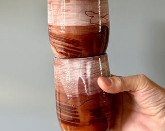 Set of 2 hand-thrown ceramic mugs – large drinking mugs without handles – terracotta & burgundy – handmade ceramic unique pieces