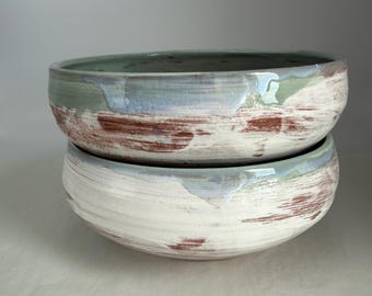 Set of 2 ceramic bowls – hand-thrown cereal and soup bowls in sage green & cream – unique ceramic pieces