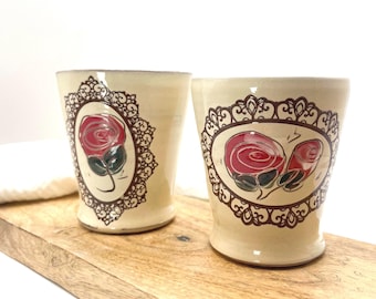 Pottery mugs//set of 2 mugs//handmade//rose decor//tableware//me-time//rose love